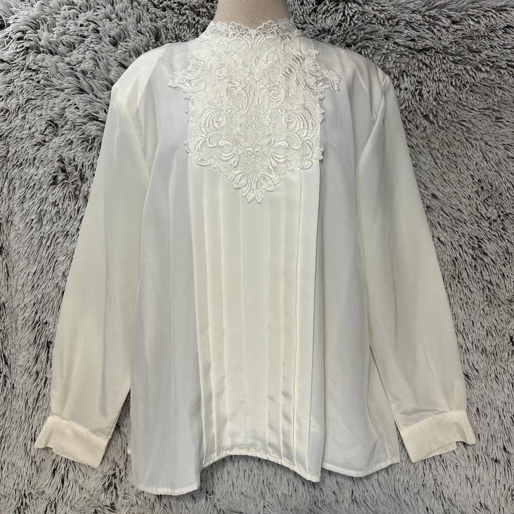 Essentials By Worthington Vintage Ivory Blouse Lace Pleated Size 18 Office Dress